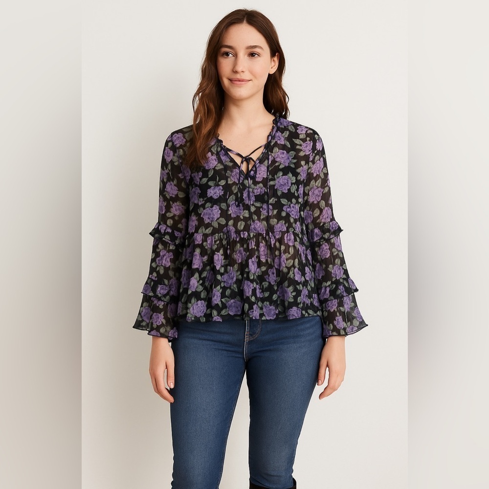 American Eagle Outfitters Sheer Floral Ruffle Blouse | Size Small 💜🌸